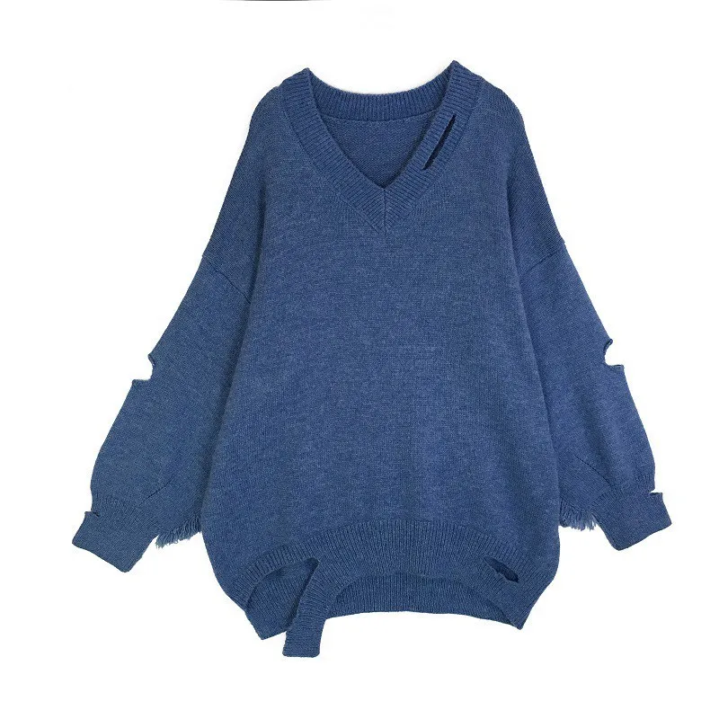 CHICEVER Knitted Sweater V Neck Patchwork Tassel Lantern Sleeve Loose Hollow Out Irregular Pullovers Tops Female Fashion Tide | Женская
