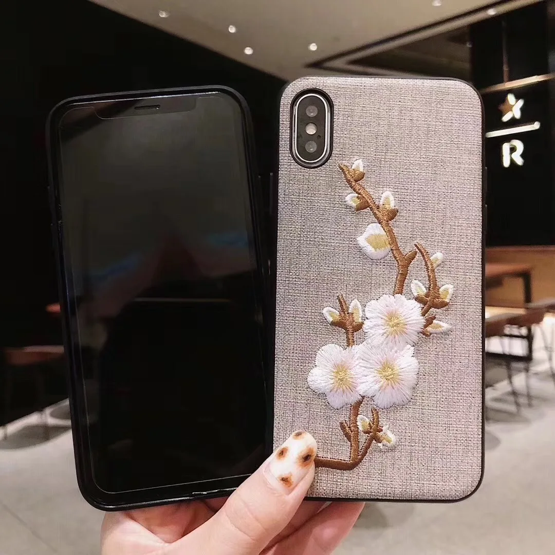 Роскошная вышивка 3D цветок чехол для iphone 7 8 Plus китайские сливы чехлы телефонов с