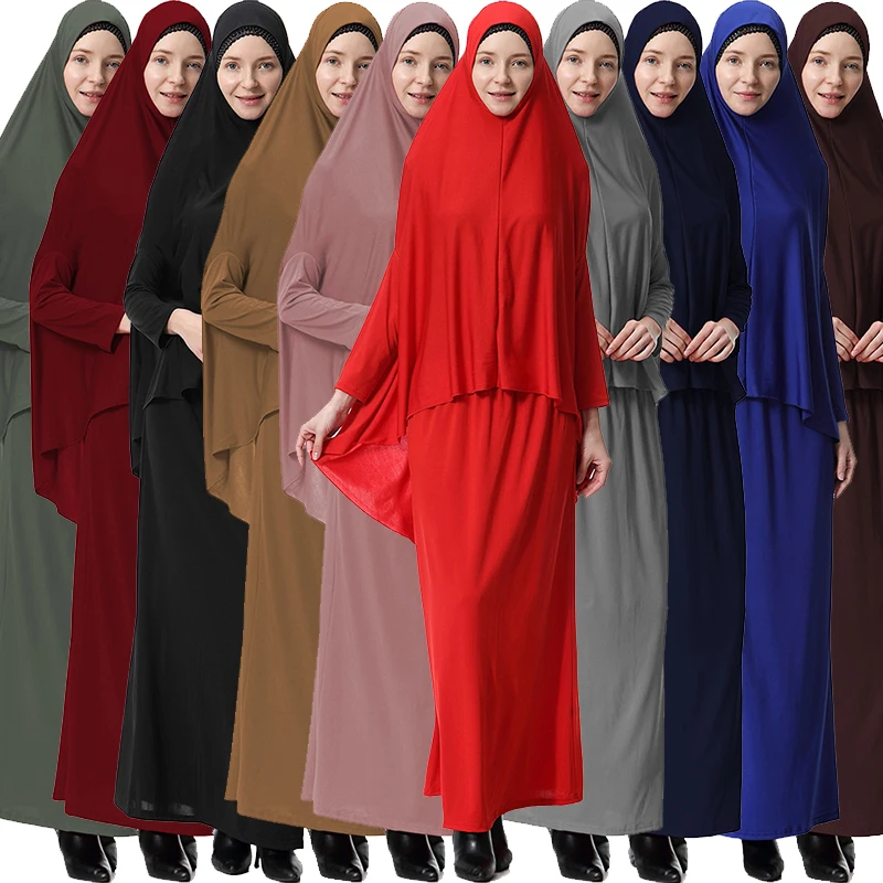Muslim Dua Sepotong Set Wanita Maxi Jubah Set Lengan Panjang Abaya Kaftan Islam Indonesia Jubah Rok Panjang Jubah dengan Hijab Suit