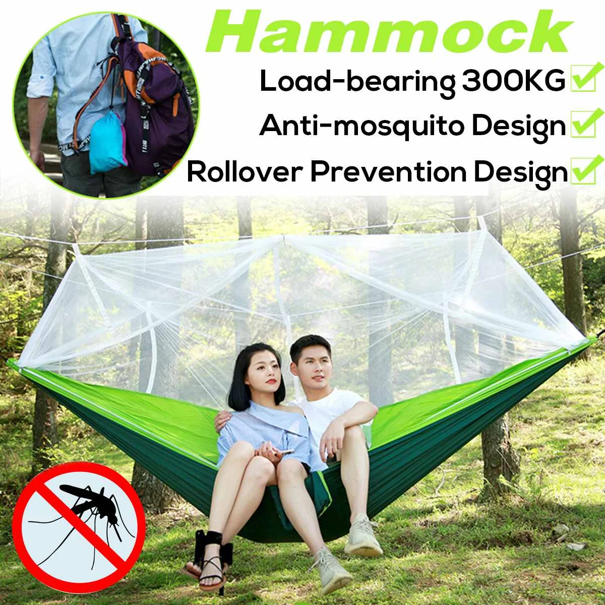 

Portable Outdoor Travel Camping Hammock Mosquito Net Set Parachute Fabric Backpacking Hanging Bed Sleeping Swing Capacity 300KG