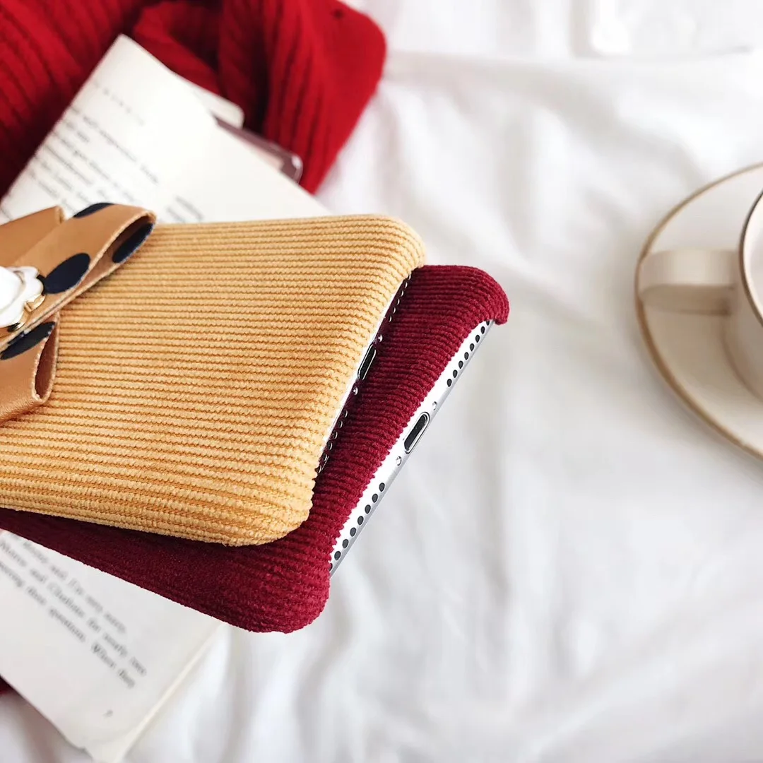 Autumn Winter Simple Corduroy Polka-dot Bow Mobile Phone Case for Iphone XR XS MAX Half-pack Back Cover 8 7 6 6splus Capa |