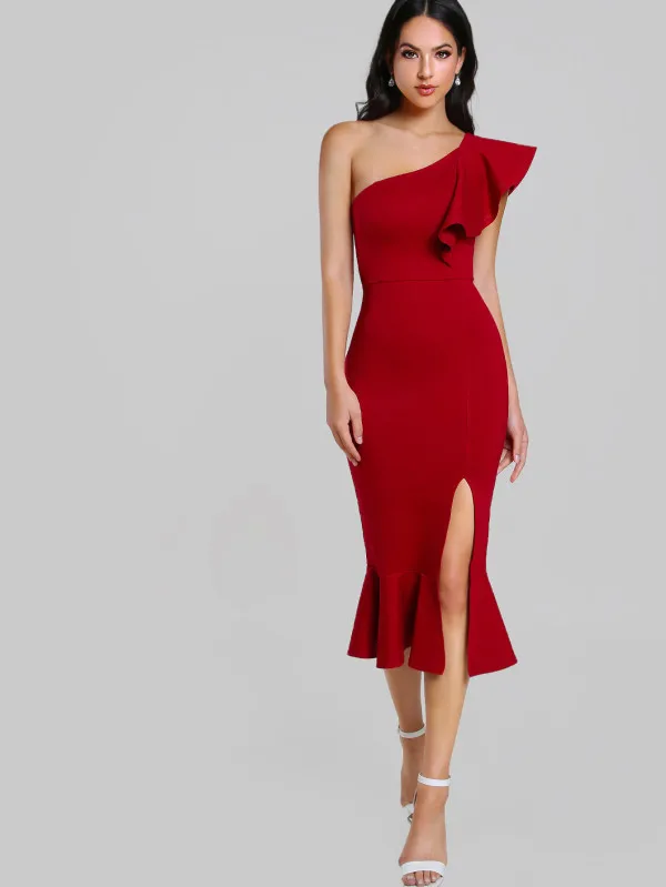 

Women Black Sexy One Shoulder Bandage Bodycon Dress Red Ruffles Open Fork 2018 Fashion Party Dress