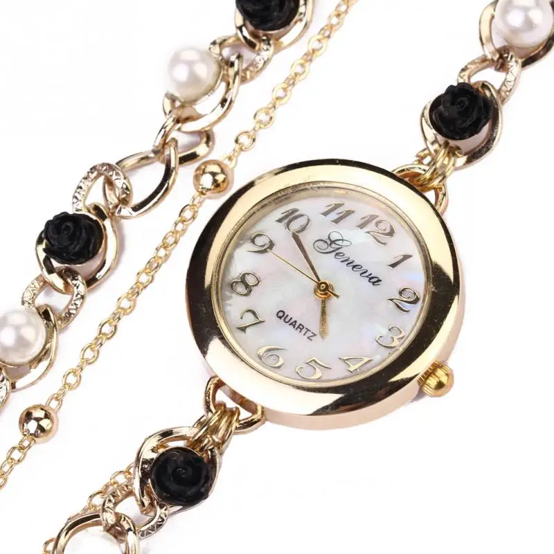 Элегантный браслет с искусственным жемчугом и цветком розы Кварцевые женские