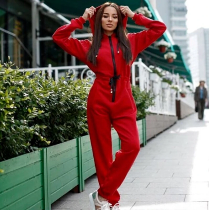 Женский комбинезон на молнии шнуровке с длинным рукавом капюшоном женские