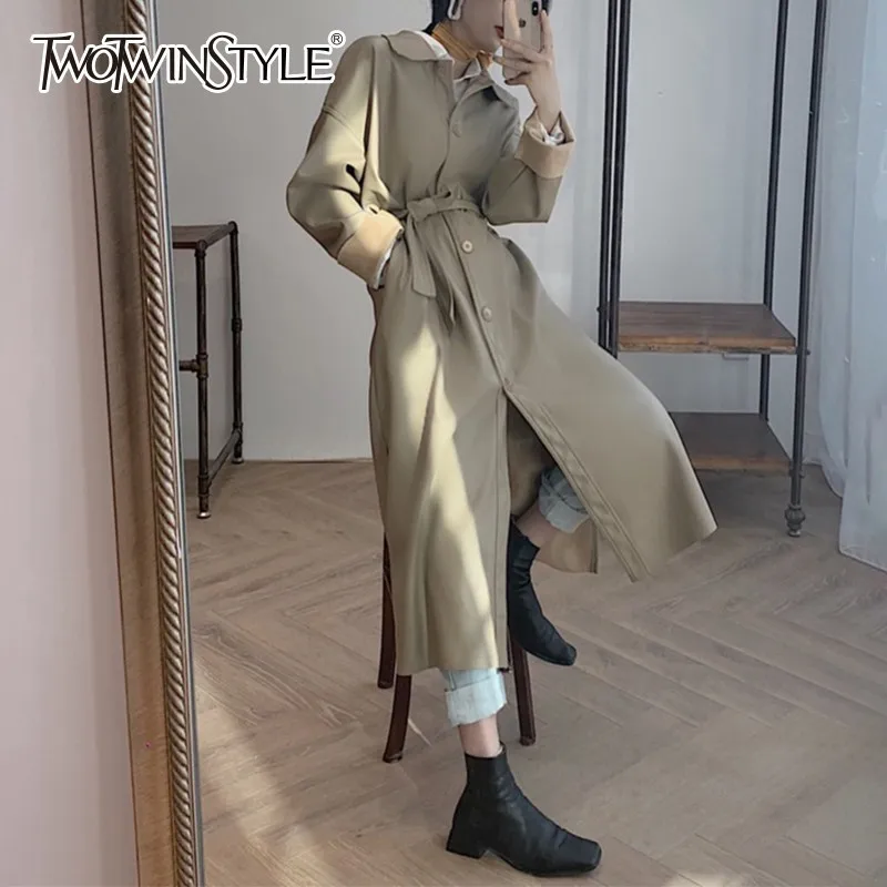 TWOTWINSTYLE корейский черный Тренч женский с длинным рукавом кружево сбоку