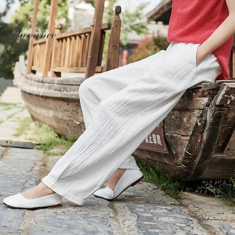 Женские длинные льняные брюки Suvance винтажные однотонные с эластичным поясом 4