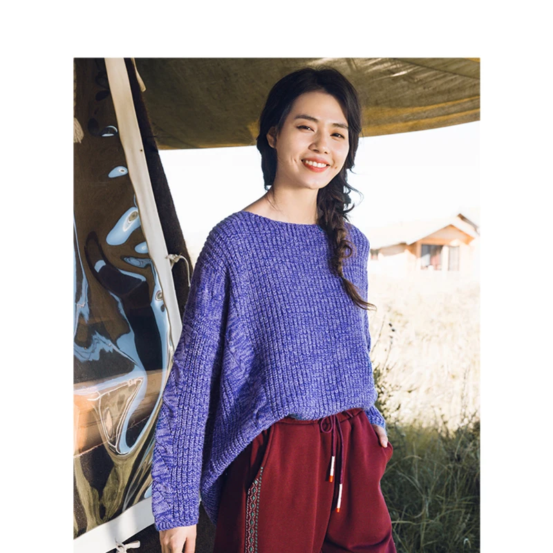 INMAN Winter Female Round Collar Retro Literary Loose Off The Shoulder Sleeve Woman Pullover Sweater | Женская одежда