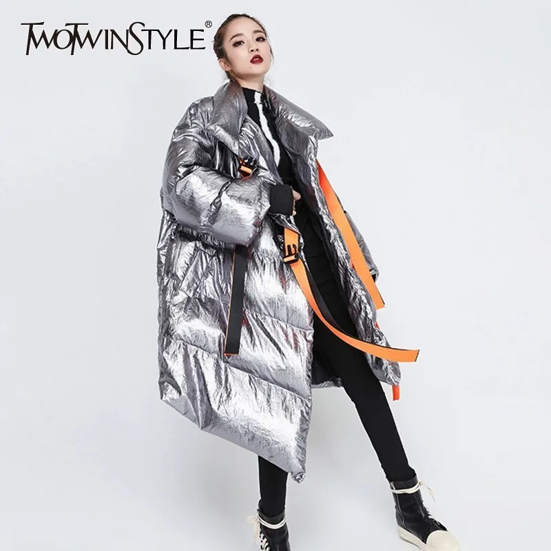 TWOTWINSTYLE Winter Women's Down Jacket Long Sleeve Patchwork Ribbons Irregular Cotton Coats Female 2020 Autumn Plus Thick Warm