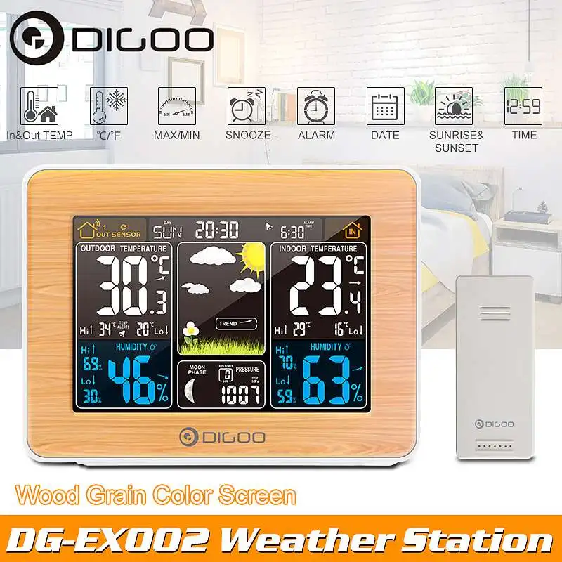 DIGOO DG-EX002 цветная комнатная Метеостанция+ Открытый датчик погоды/термометр гигрометр/Календарь/повтор/фаза Луны