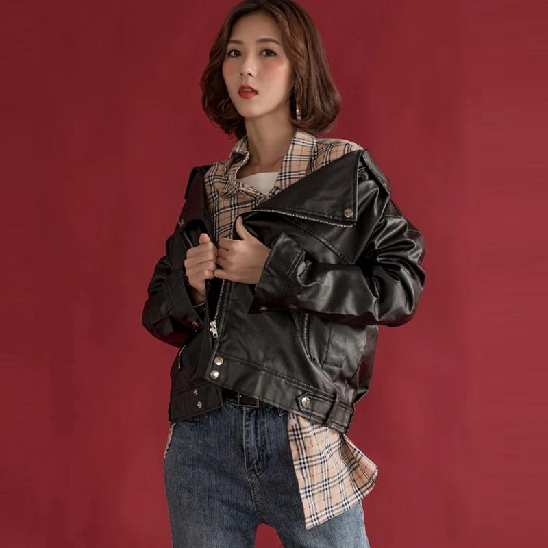 2019 New Black PU Locomotive Clothing Loose Women Basic Coat Fashion Streetwear Vintage Female Jacket Leather Outerwear HJ193