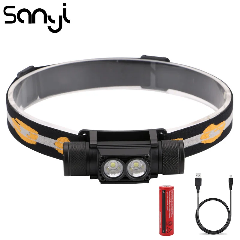 

SANYI 2*XML-L2 Headlight Power by 18650 Battery 6 Modes 3800LM Flashlight Forehead USB Charging Camping Hunting Headlamp