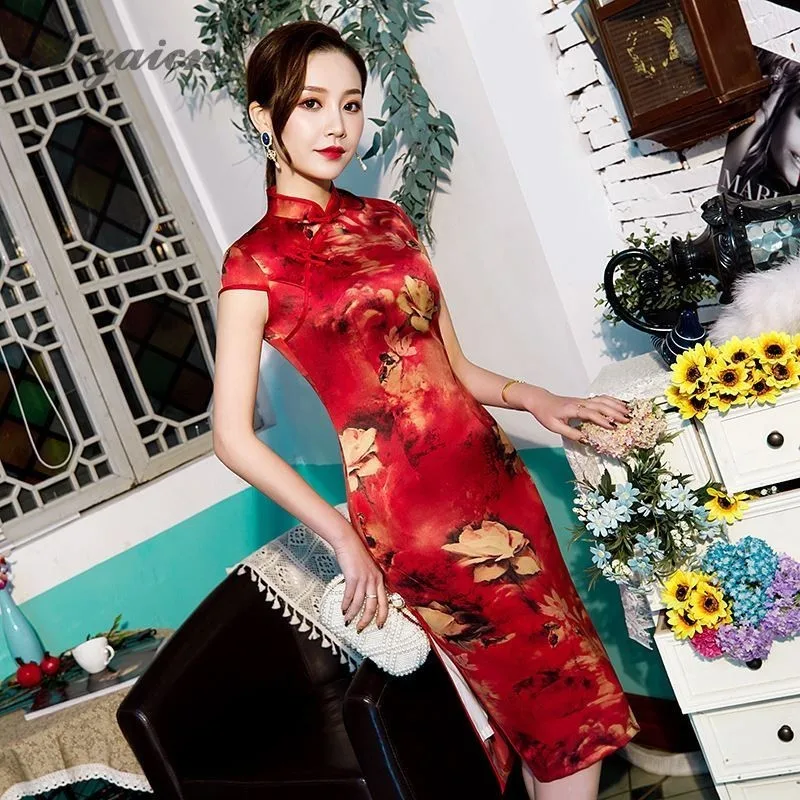 Fashion Red Cheongsam Long Double Layer Mother Dresses Chinoise Vintage Gown Qi Pao Women Chinese Traditional Clothing Dress |