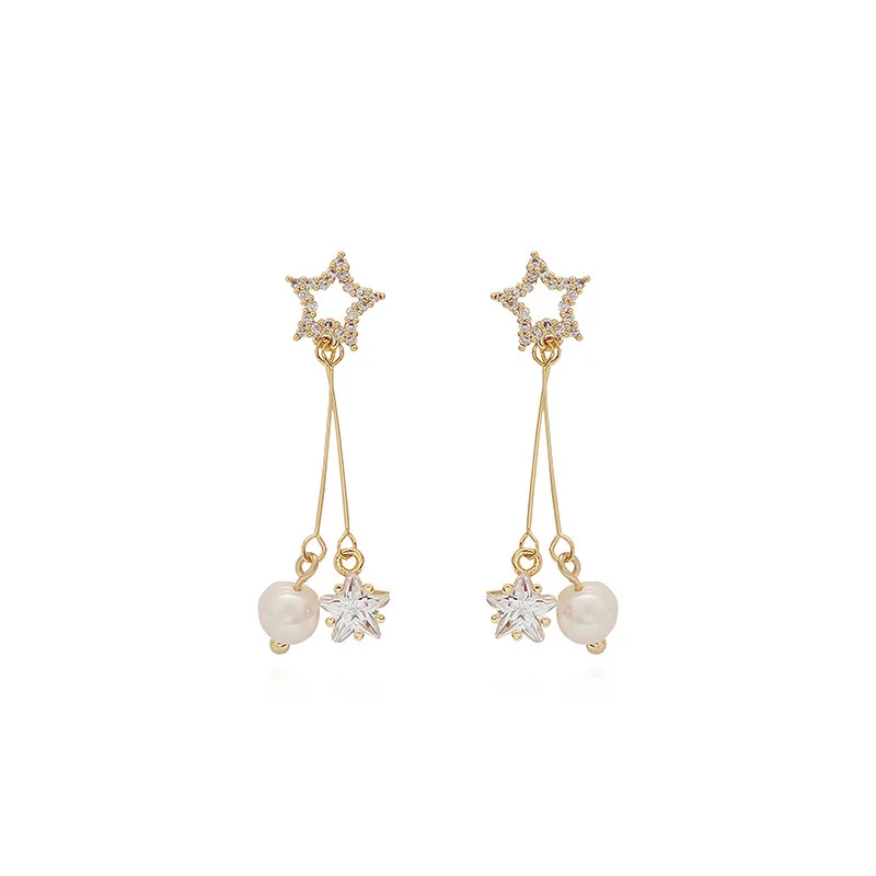 Earrings Woman Exquisite Micro Insert Five-pointed Star Eardrop Temperament Concise Pearl Earring Product | Украшения и