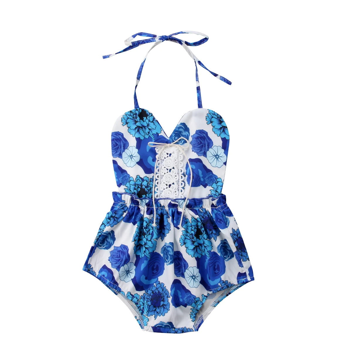 Летний кружевной комбинезон с лямкой на шее и цветочным рисунком для