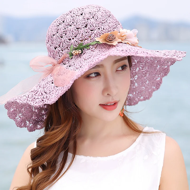 Sombrero de verano con lazo de rafia y flores para mujer, sombrero de ala grande plegable para playa, protección solar Uv, sombrero de Panamá con hueso