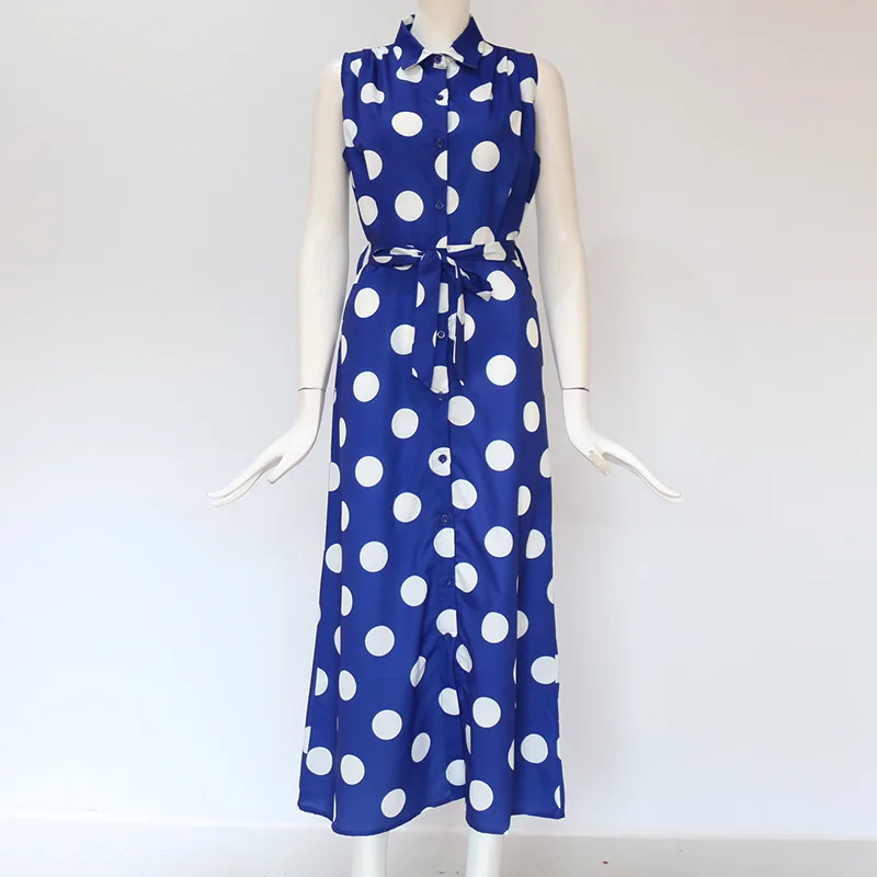 Sleeveless Lapel Shirt Dress 2019 Summer Chiffon Boho Beach Dresses Women Casual Dot Print Office Slim Party Vestidos | Женская одежда