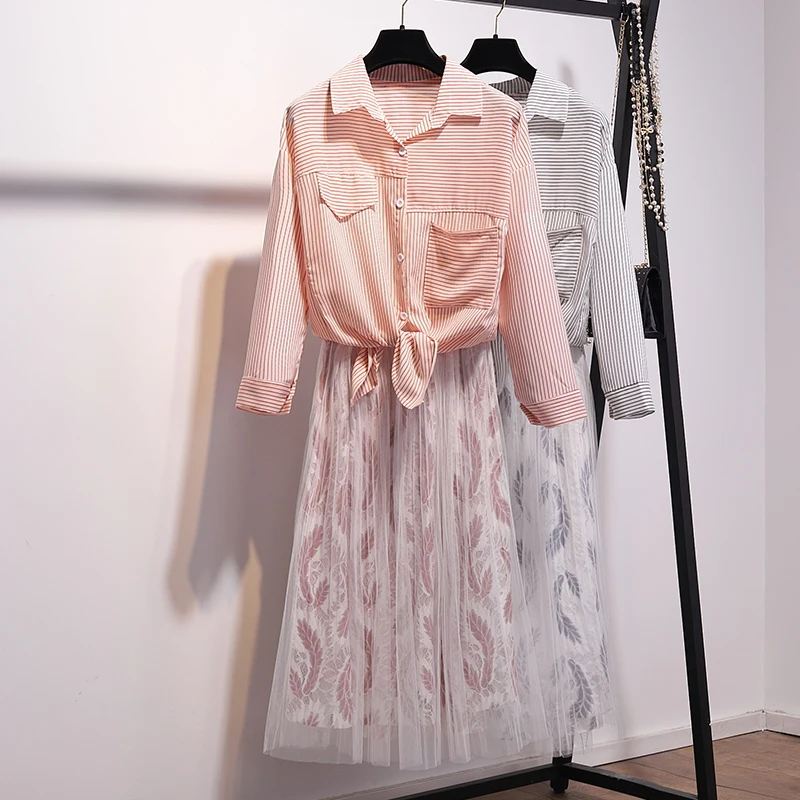 

2019 summer stripe pocket shirt gauze vogue skirt new two-piece clothing set women long skirts vestidos suits vestidos top set
