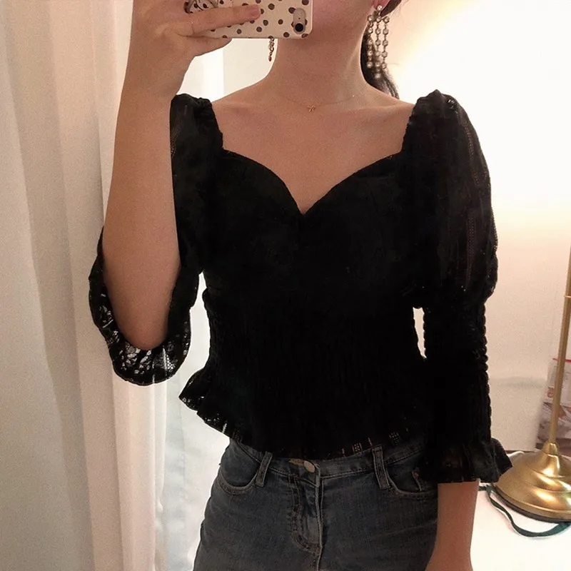 TWOTWINSTYLE 2019 весенние винтажные кроп Топы женские Нерегулярные Воротник с пышными