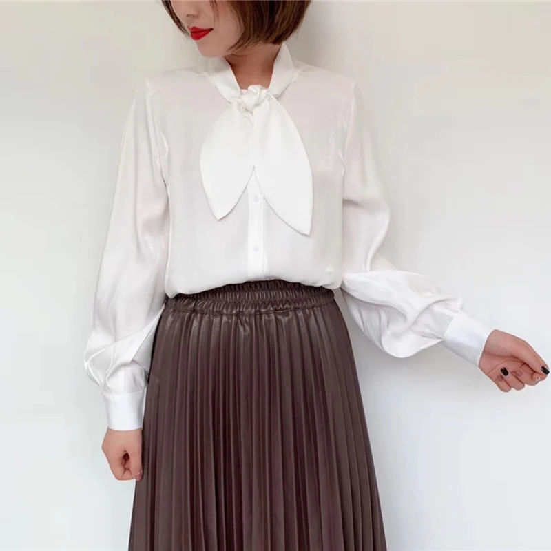 TWOTWINSTYLE Атласные Рубашки Блузки женские с завязкой в виде банта длинным рукавом