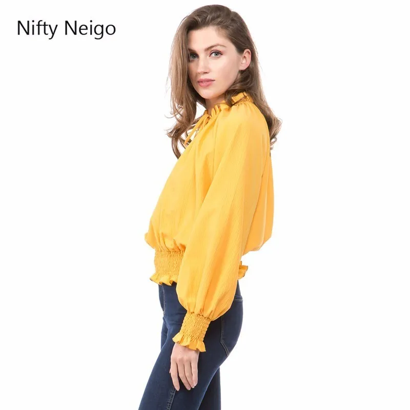 Nifty Neigo Sweet Women Chiffon Blouse Latern Sleeve Lace Up Hollow Out Tops Summer Sexy Casual Blouses |
