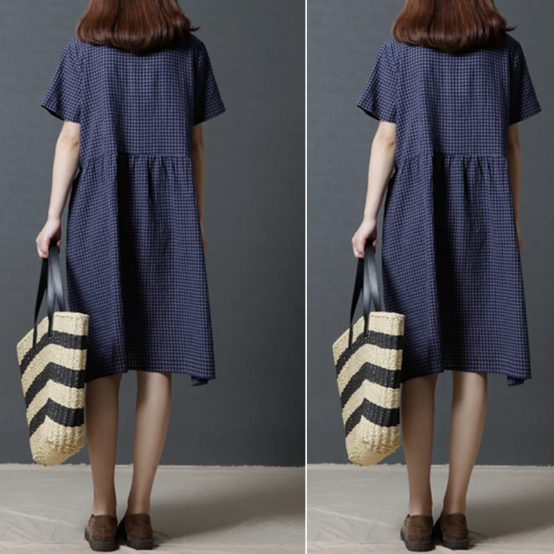Женское летнее клетчатое хлопковое льняное платье с v-образным вырезом Дамский