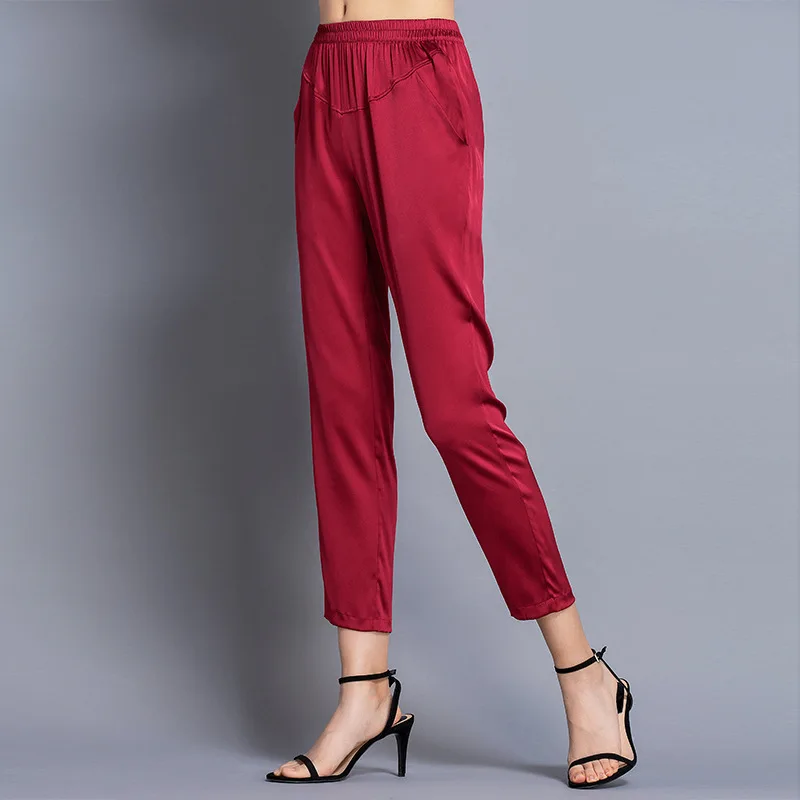 Женские брюки-карандаш из натурального шелка, брюки с высокой талией в Корейском стиле, Свободные повседневные брюки из натурального шелка ...