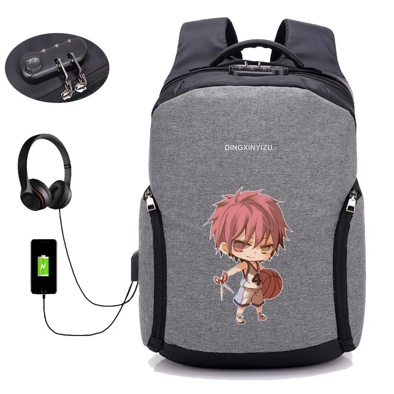 Рюкзак для ноутбука Kuroko no Basket с защитой от кражи и USB зарядкой водонепроницаемый