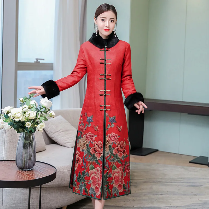 

2019 Autumn New Pattern Will Code Length Sleeve Deerskin Villus Lead Long The Republic Of Dress Improvement Cheongsam Dress