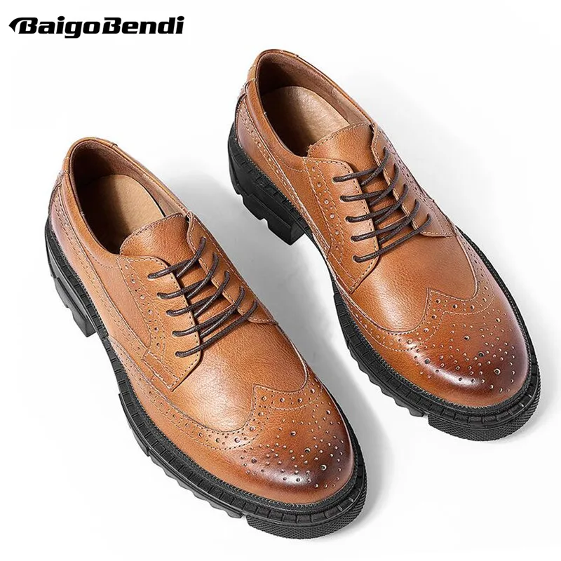 US Size British Style Carving Oxfords Man Thick Heel 4cm Genuine Leather Brogue Shoes Business Hight End Trendy | Обувь