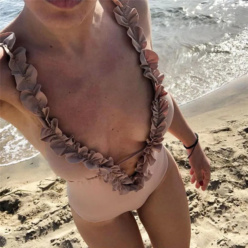 

Ruffles One-Piece Bikini Bandage Monokini Women's Solid Color High Cut Swimwear Deep V-neck Swimsuit Sexy Beach Bathing Suit New