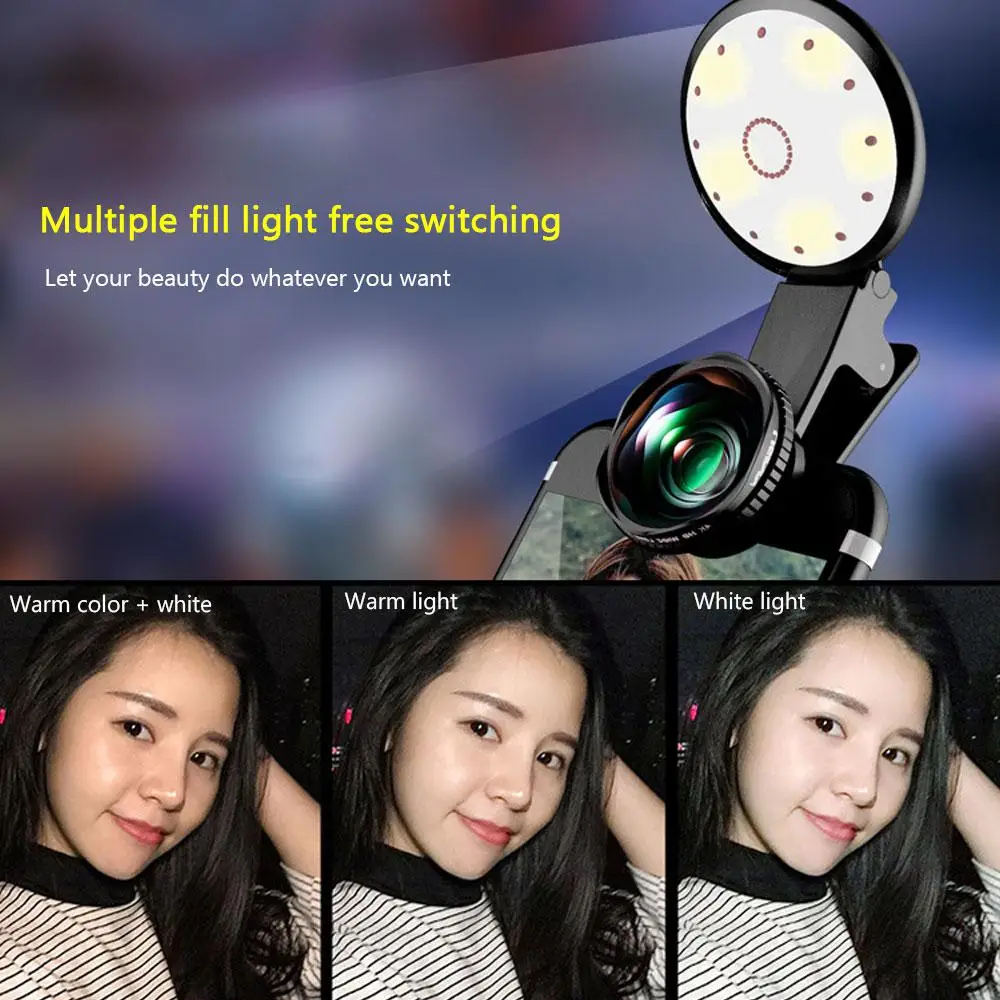 LED Selfie Flash Fill Light Mobile Phone Camera External Lens HD Macro Wide Angle with Clip for Take Photos | Лампы и освещение