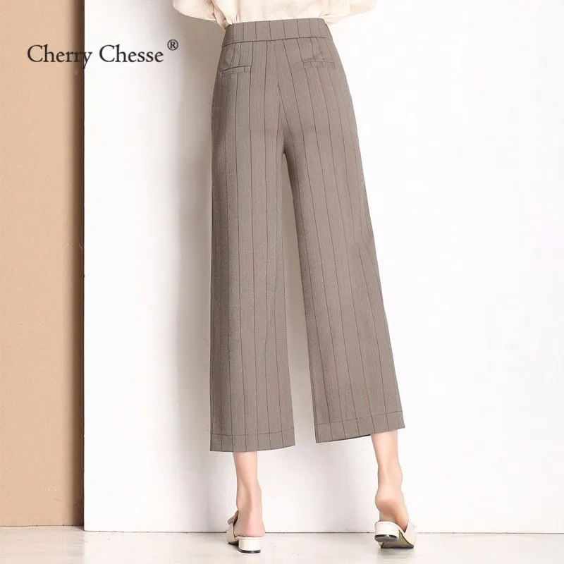 Cherry Chesse Офисные женские туфли полосатые брюки Высокая талия широкие штаны Для