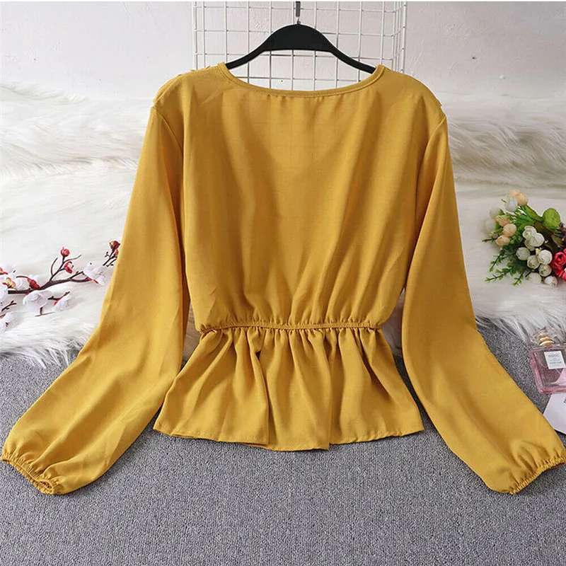 Женская шифоновая блузка на шнуровке модная офисная с длинным рукавом и v