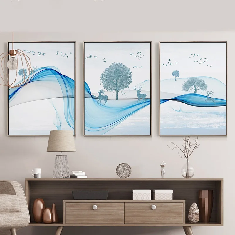 

Nordic Decoration Elk Forest Landscape Wall Art Poster Canvas Art Print Abstract Line Painting Wall Picture for Living Room