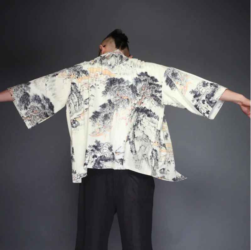 Японские кимоно yukata kimino haori кардиган халат для мужчин черный принт японский Топ