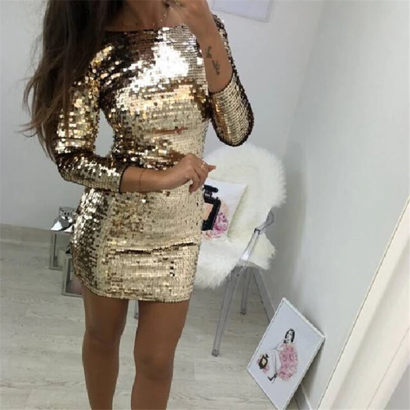 Ladies Party Dresses New Sexy Women Gold Sequins Long Sleeve Mini Dress Casual Bodycon Pencil Evening | Женская одежда