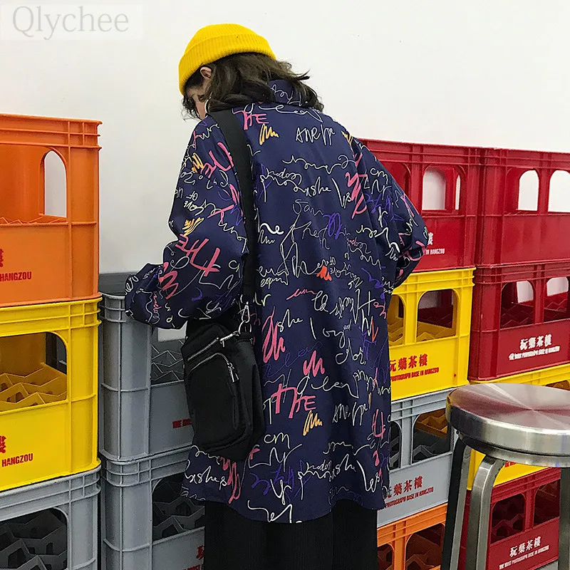 Qlychee Harajuku Colorful Letter Print Women Blouse Shirts Long Sleeve Casual Loose Female Tops |
