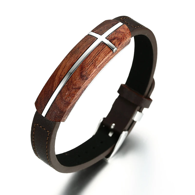 Unique Mens Bracelets Scented Rosewood Tag Genuine Leather Bracelet Size Adjustable Stainless Steel Cross Wristband Jewelry