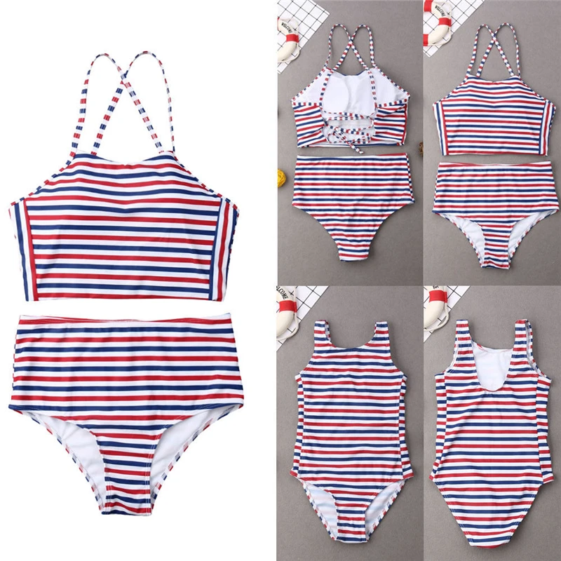 Купальный костюм для мамы и дочки одинаковые купальники в полоску всей семьи
