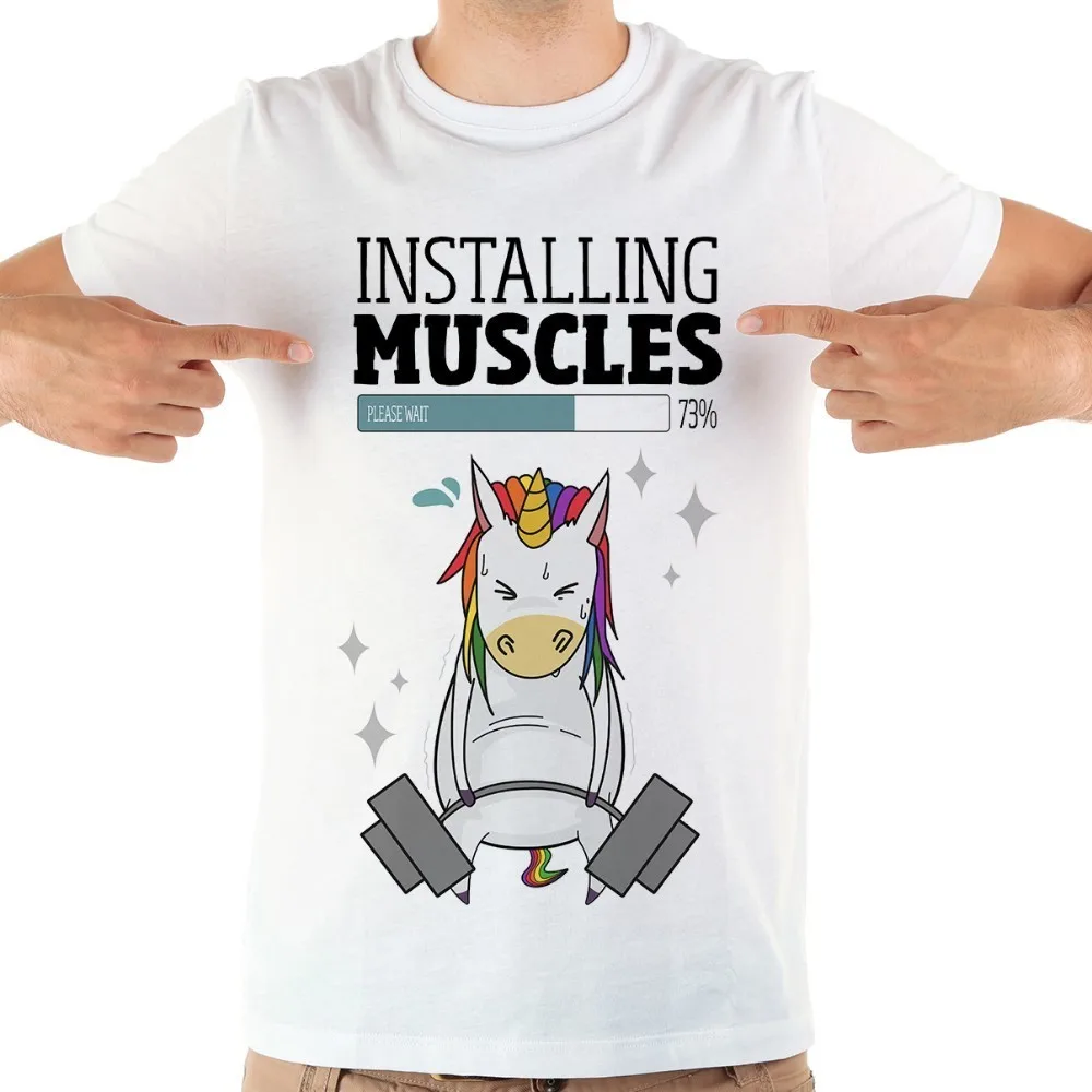 

cute unicorn installing muscles funny t shirt men jollypeach brand 2018 summer new white short sleeve casual homme cool tshirt