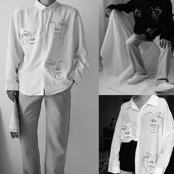 New Fashion Women's Unisex Casual Button Up Long Sleeve Print Blouse Cool Gril Shirt |