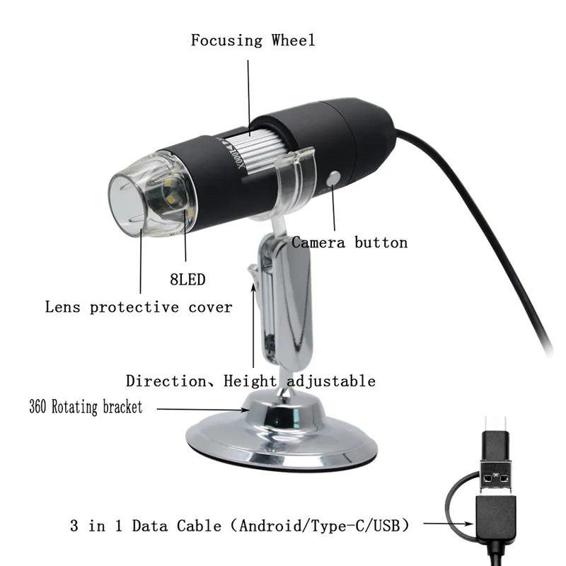 Микроскоп HD 2.0MP 1000X 3 в 1 USB Wi Fi для телефона микроскоп Type c стерео электронный