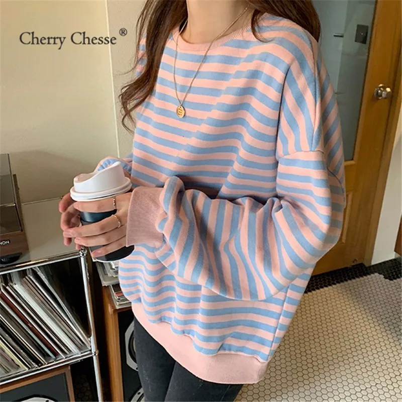 Cherry Chesse элегантный дизайн полосатый для женщин Толстовка флисовые толстовки