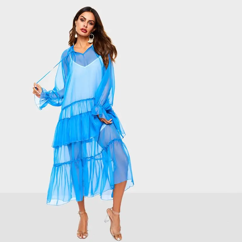 Лето 2019 г. Модное Длинное Платье Для женщин Boho пикантные сетчатые See Through оборками