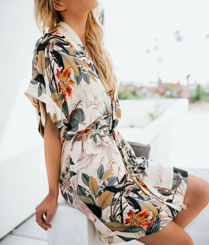 Женское повседневное мини платье с цветочным принтом летнее пляжное рубашка v