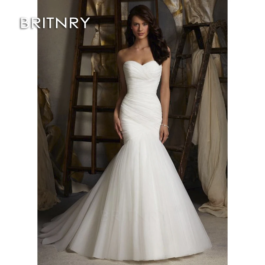 BRITNRY Cheap Sexy Mermaid Wedding Dresses Sweetheart Sleeveless Court Train Lace Up Back Gowns vestidos de noiva | Свадьбы и