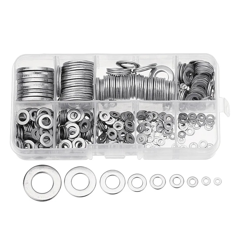 

580Pcs/box MXSW4 Sliver Flat Plain Washer Round Assortment Set 304 Stainless Steel M2 to M12 Kit Set High Quality