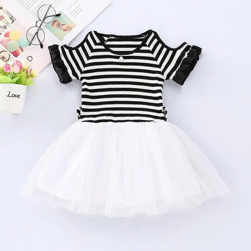 Детские платья с открытыми плечами полоска для девочек сетчатая одежда малышей