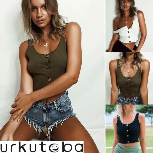 Новинка 2019 Модный женский летний короткий топ без рукавов с глубоким круглым