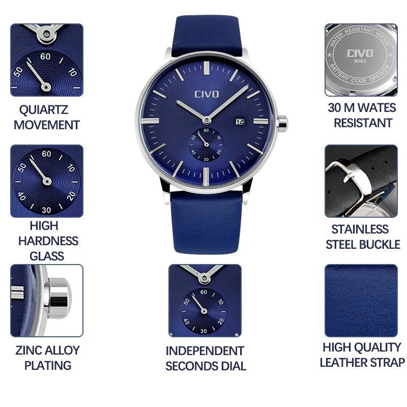 

CIVO Top Brand Luxury Chronograph Men Sports Watches Waterproof Leather Casual Quartz Male Wristwatch Relogio Masculino